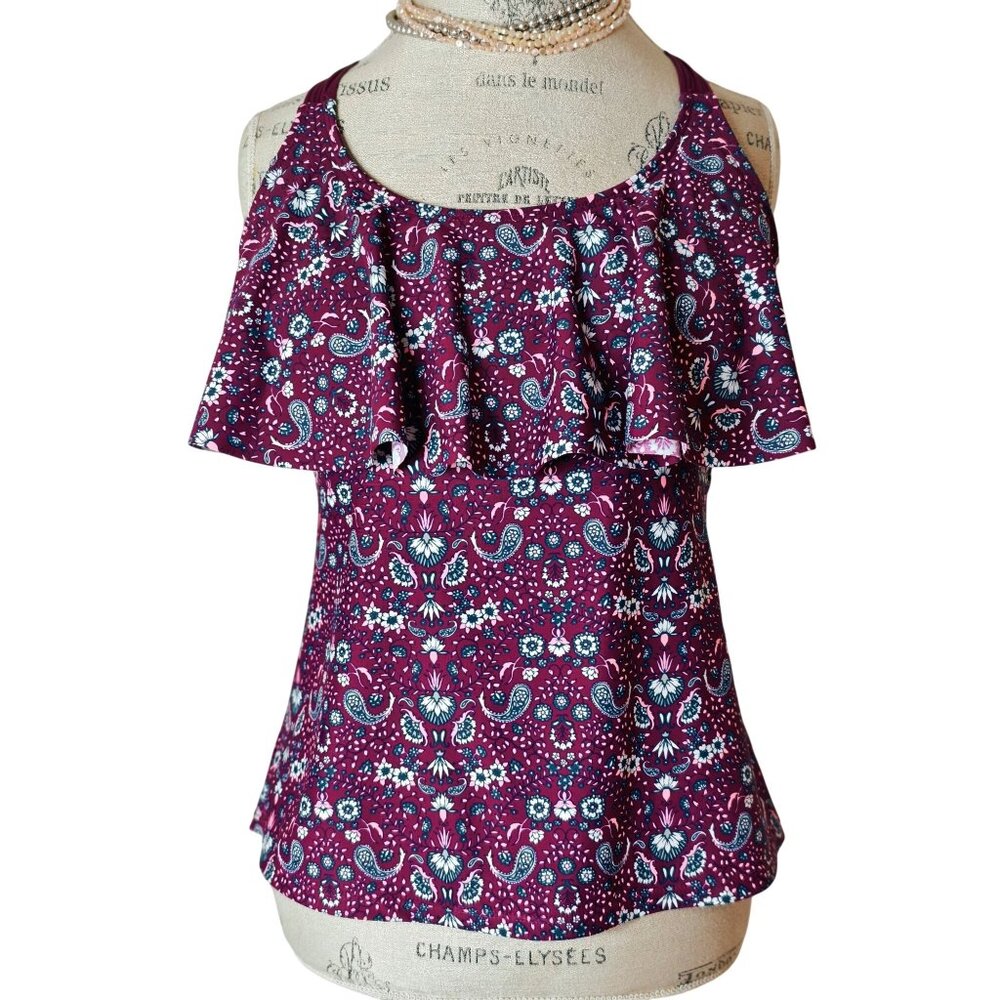 Arizona Womens XXL Tankini Swim Top Boho Burgundy Blue Paisley Racerback Style